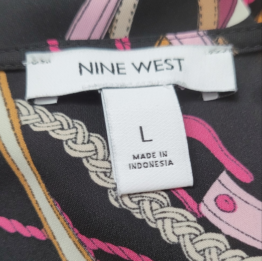 Nine West Wrap Blouse Belt Print Black Multicolor Top Size L - Picture 3 of 8